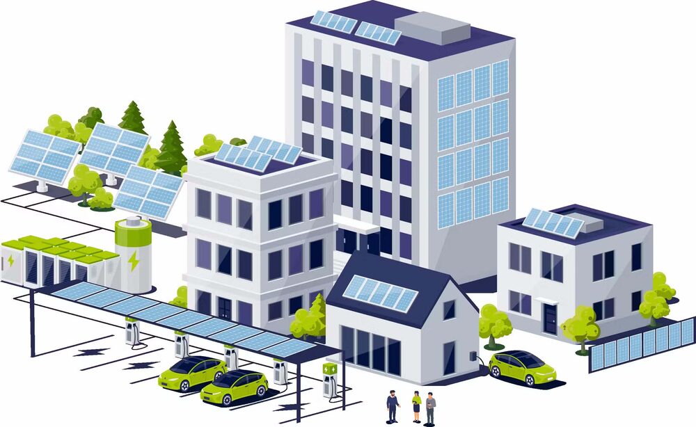 Schema des Energiegewinner-Energiekonzepts: Photovoltaik auf Dach, Fassade, Freifläche und Carport, verbunden mit Batteriespeicher und Ladepark