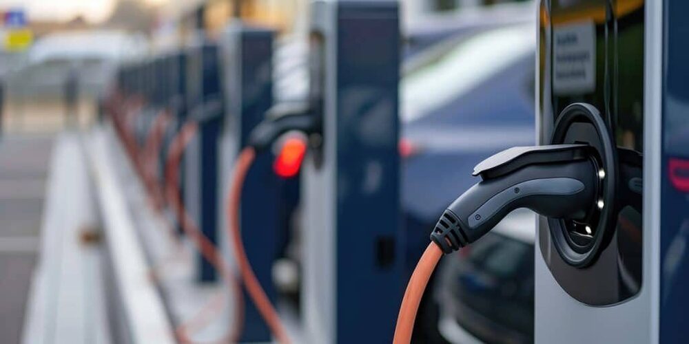 Ladepark mit mehreren Ladesäulen neben einer Photovoltaik-Anlage